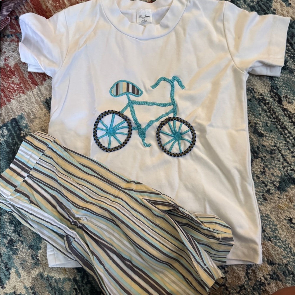 Kids Bicycle Print Matching Set - White and Blue